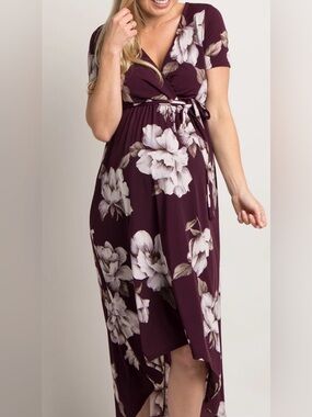 Pink Blush Plum Floral Hi-Low Maternity Wrap Dress Post Bump Friendly